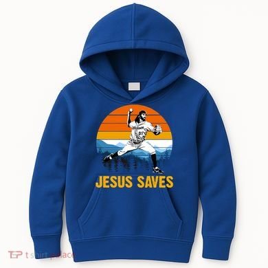 Jesus Saves Retro Baseball Pitcher Kids Hoodie