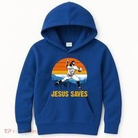 Jesus Saves Retro Baseball Pitcher Kids Hoodie thumb 0