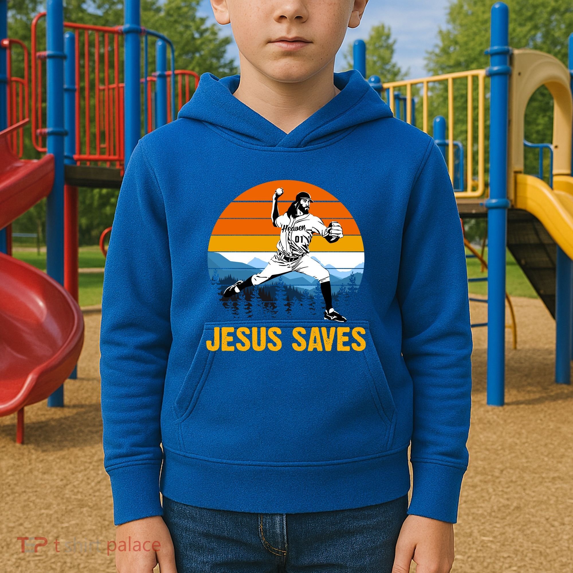 Jesus Saves Retro Baseball Pitcher Kids Hoodie