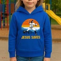 Jesus Saves Retro Baseball Pitcher Kids Hoodie thumb 3