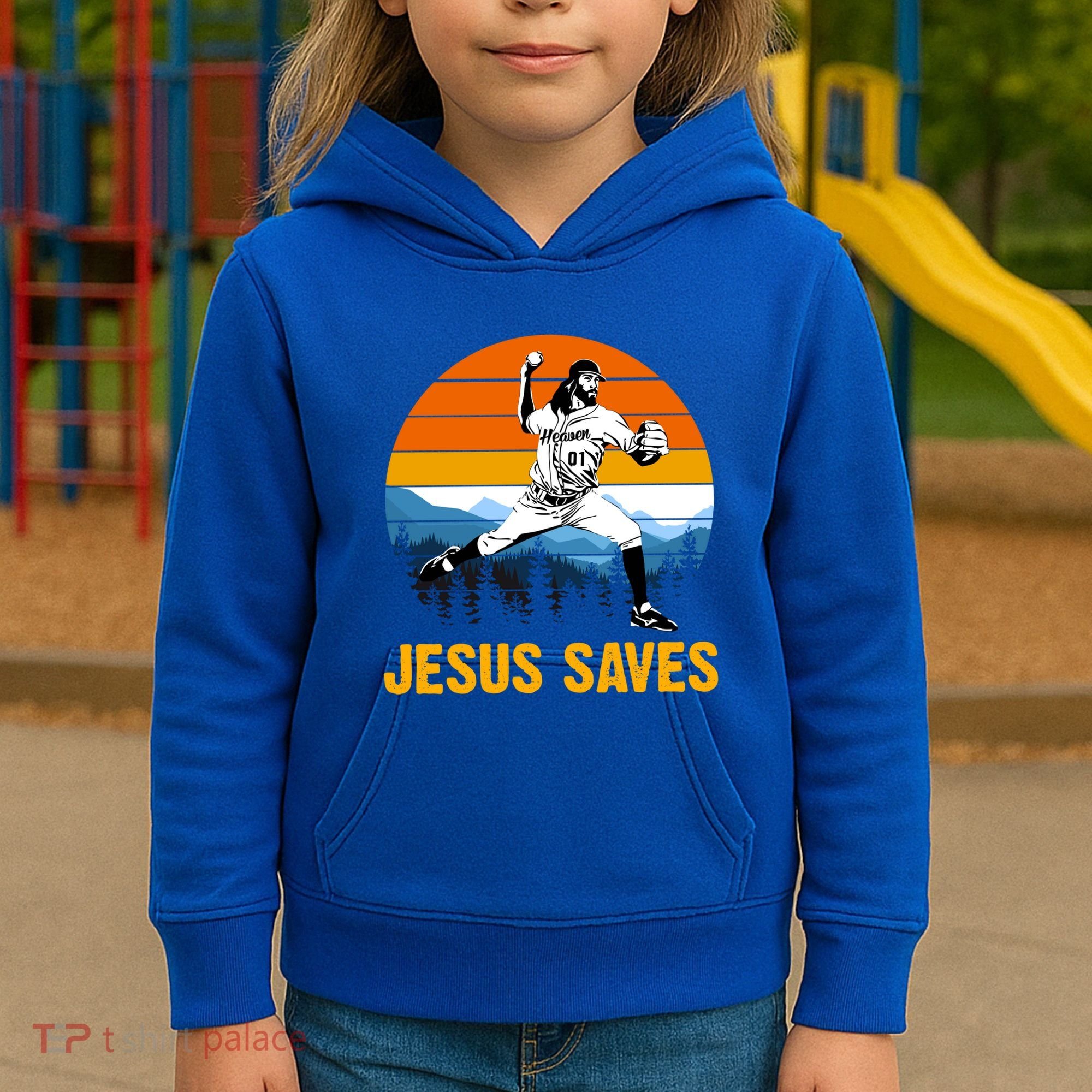 Jesus Saves Retro Baseball Pitcher Kids Hoodie