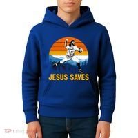Jesus Saves Retro Baseball Pitcher Kids Hoodie thumb 4