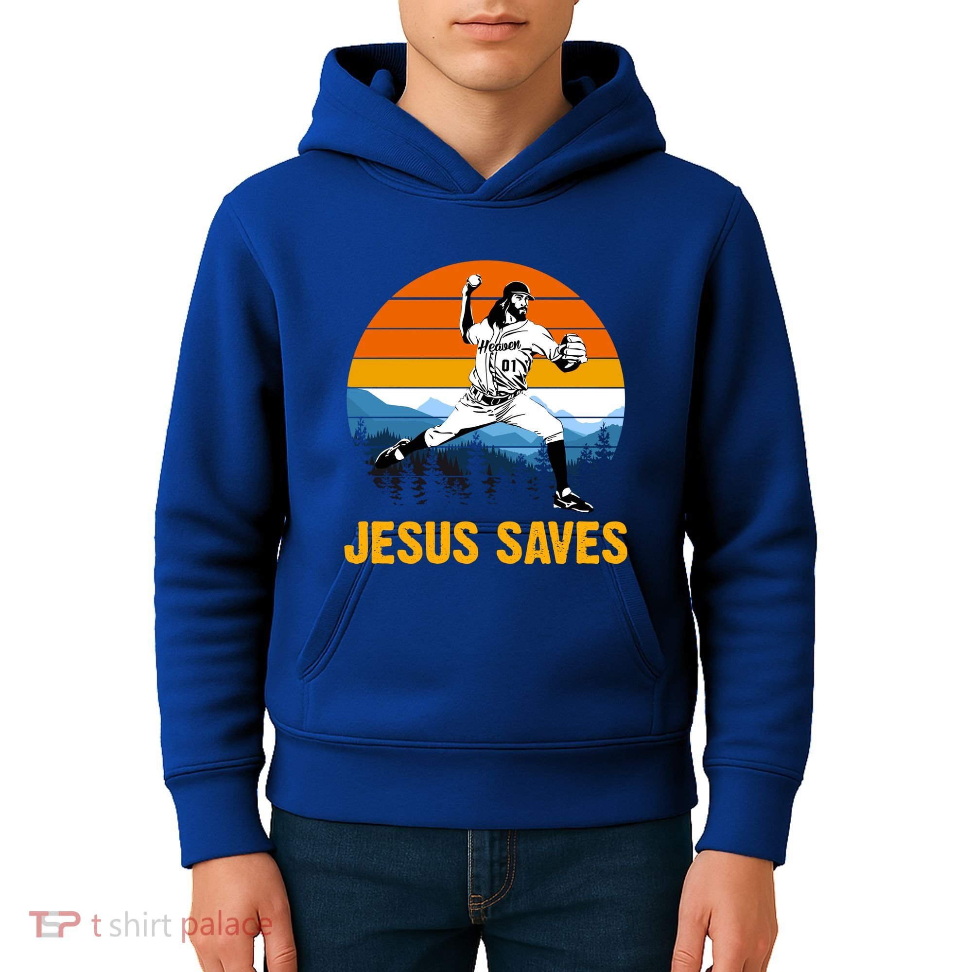 Jesus Saves Retro Baseball Pitcher Kids Hoodie
