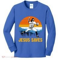 Jesus Saves Retro Baseball Pitcher Kids Long Sleeve Shirt thumb 0