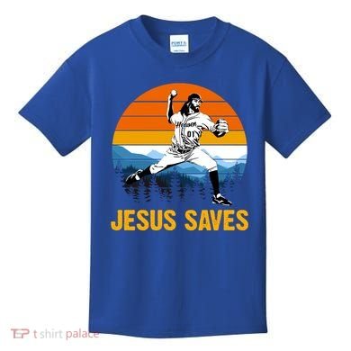 Jesus Saves Retro Baseball Pitcher Kids T-Shirt