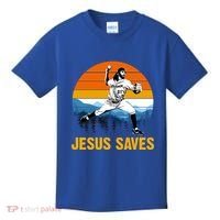Jesus Saves Retro Baseball Pitcher Kids T-Shirt thumb 0
