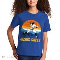 Jesus Saves Retro Baseball Pitcher Kids T-Shirt thumb 2