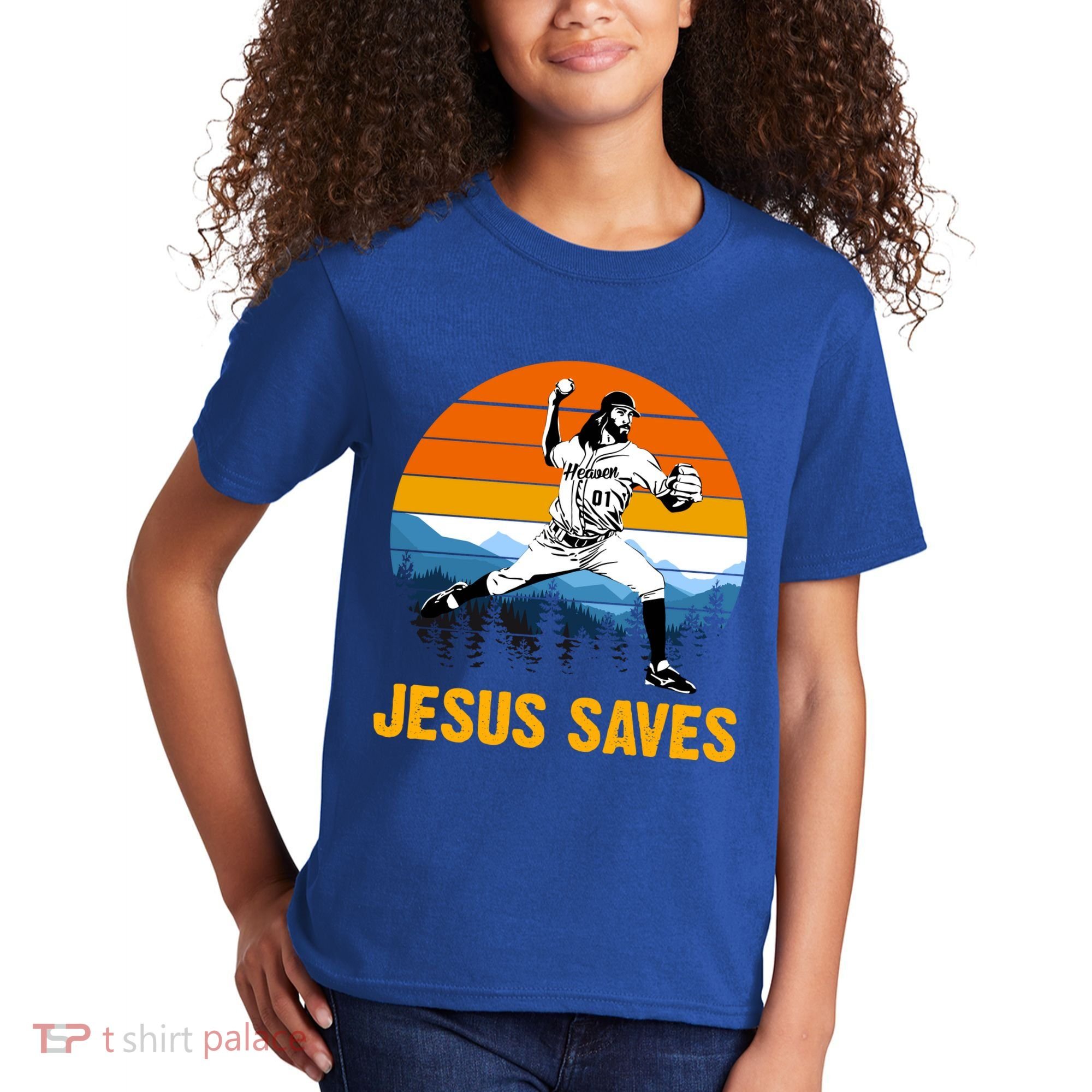 Jesus Saves Retro Baseball Pitcher Kids T-Shirt