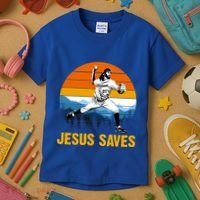 Jesus Saves Retro Baseball Pitcher Kids T-Shirt thumb 3