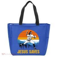 Jesus Saves Retro Baseball Pitcher Tote Bag thumb 0