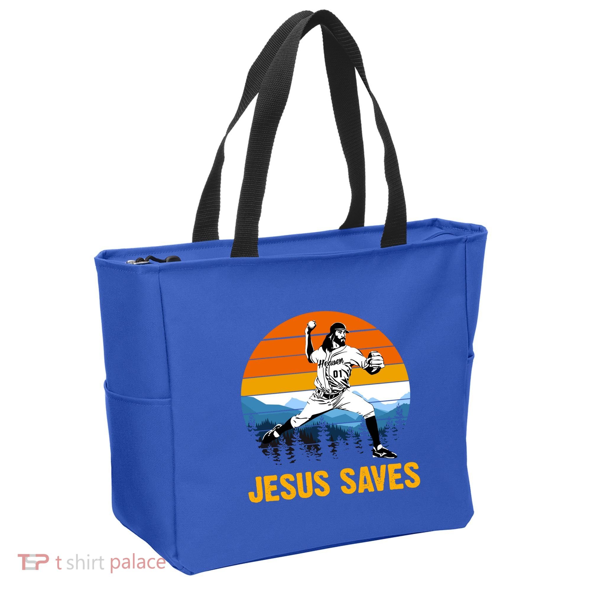 Jesus Saves Retro Baseball Pitcher Tote Bag
