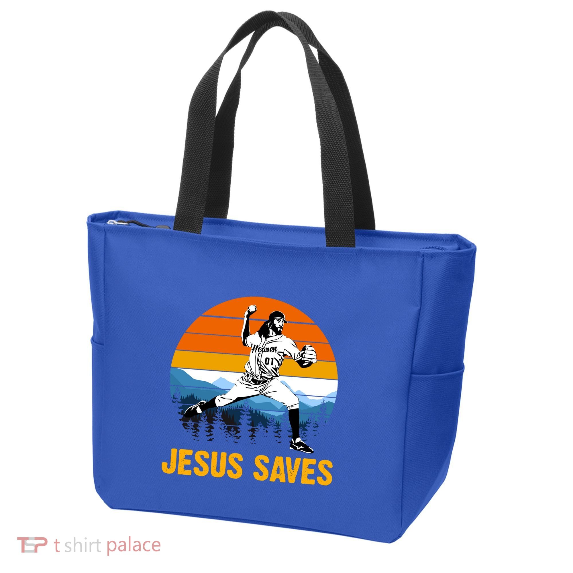 Jesus Saves Retro Baseball Pitcher Tote Bag