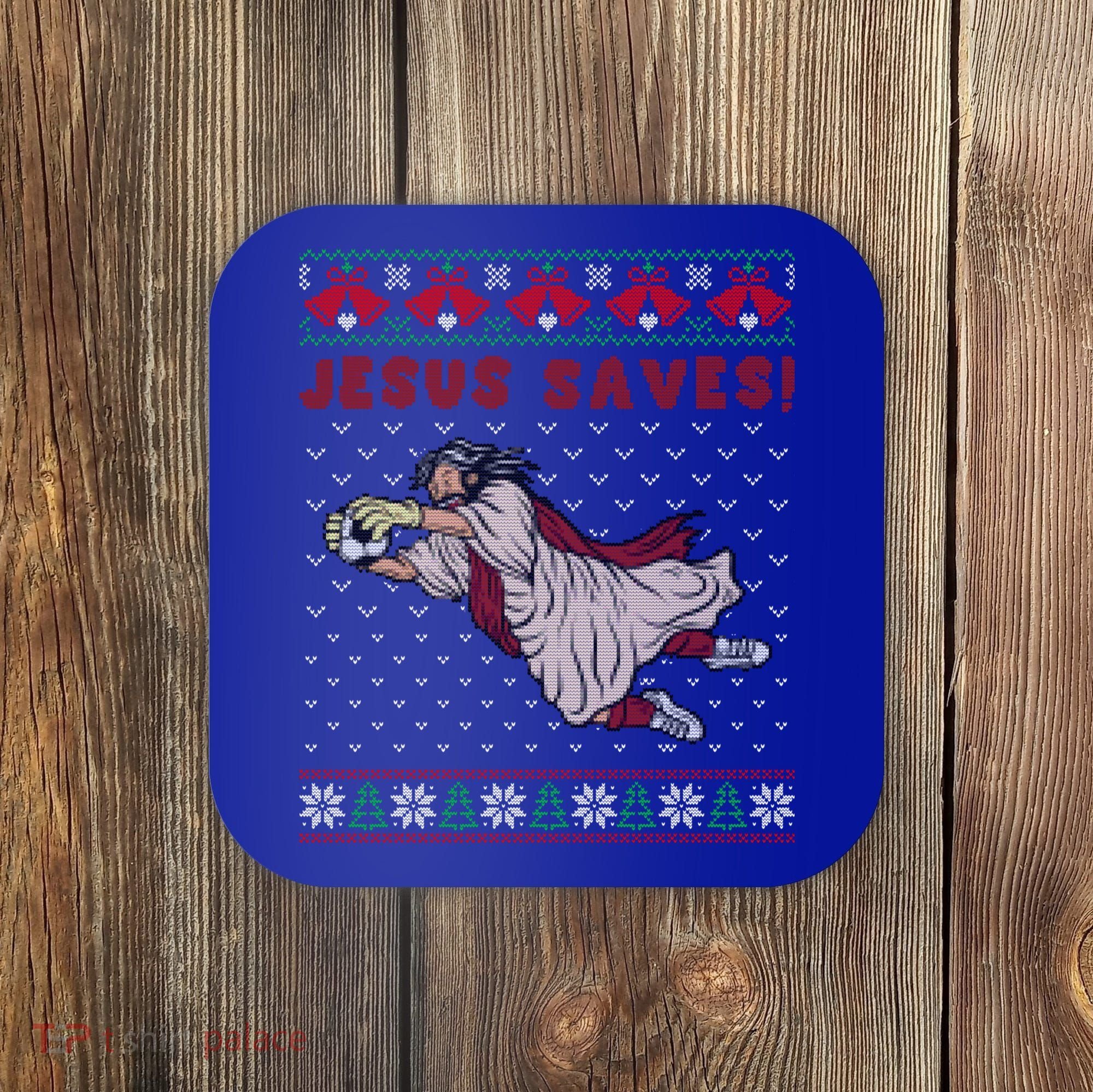 Jesus Saves Soccer Goal Keeper Ugly Christmas Sweater Gift Coaster