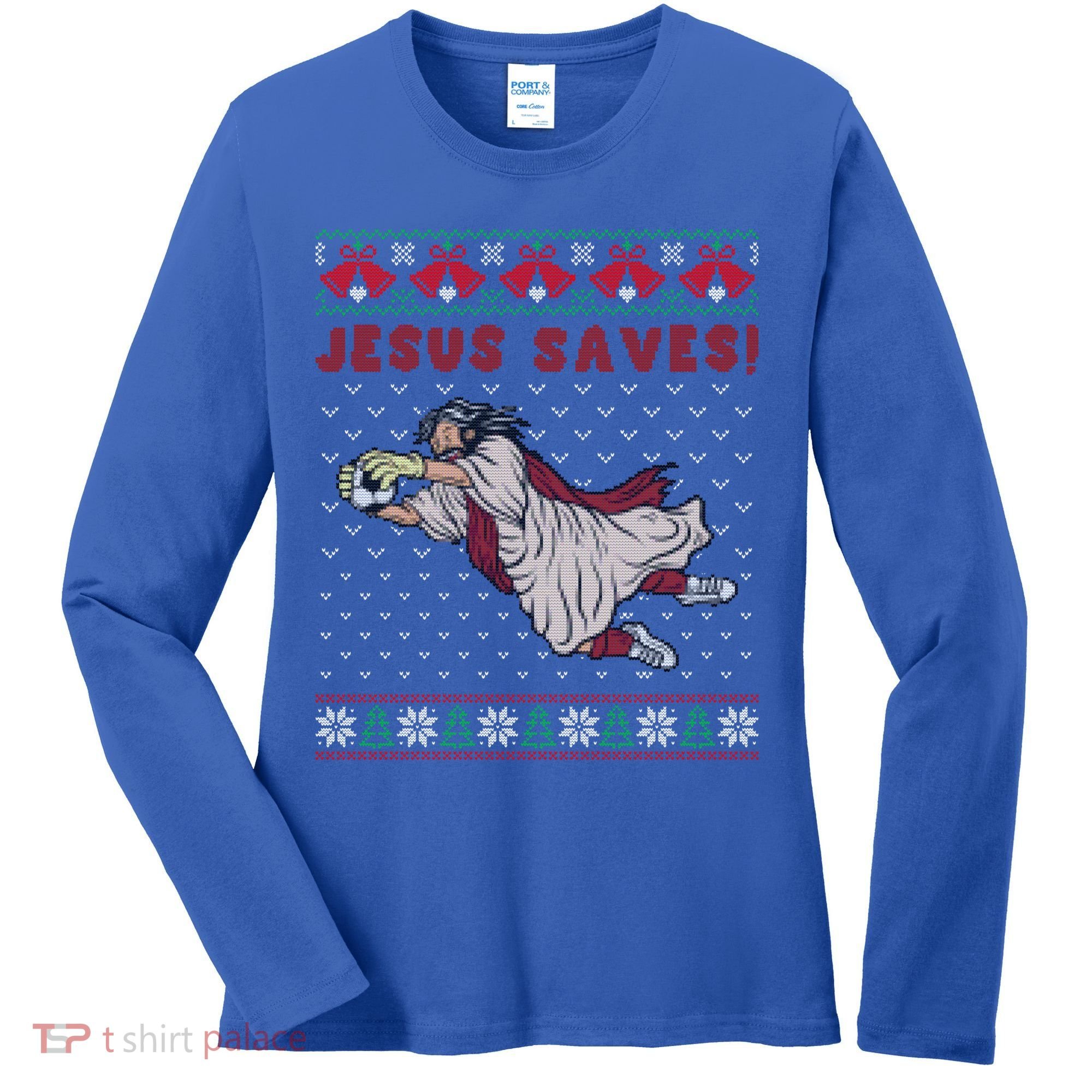 Jesus Saves Soccer Goal Keeper Ugly Christmas Sweater Gift Women's Long Sleeve Shirt