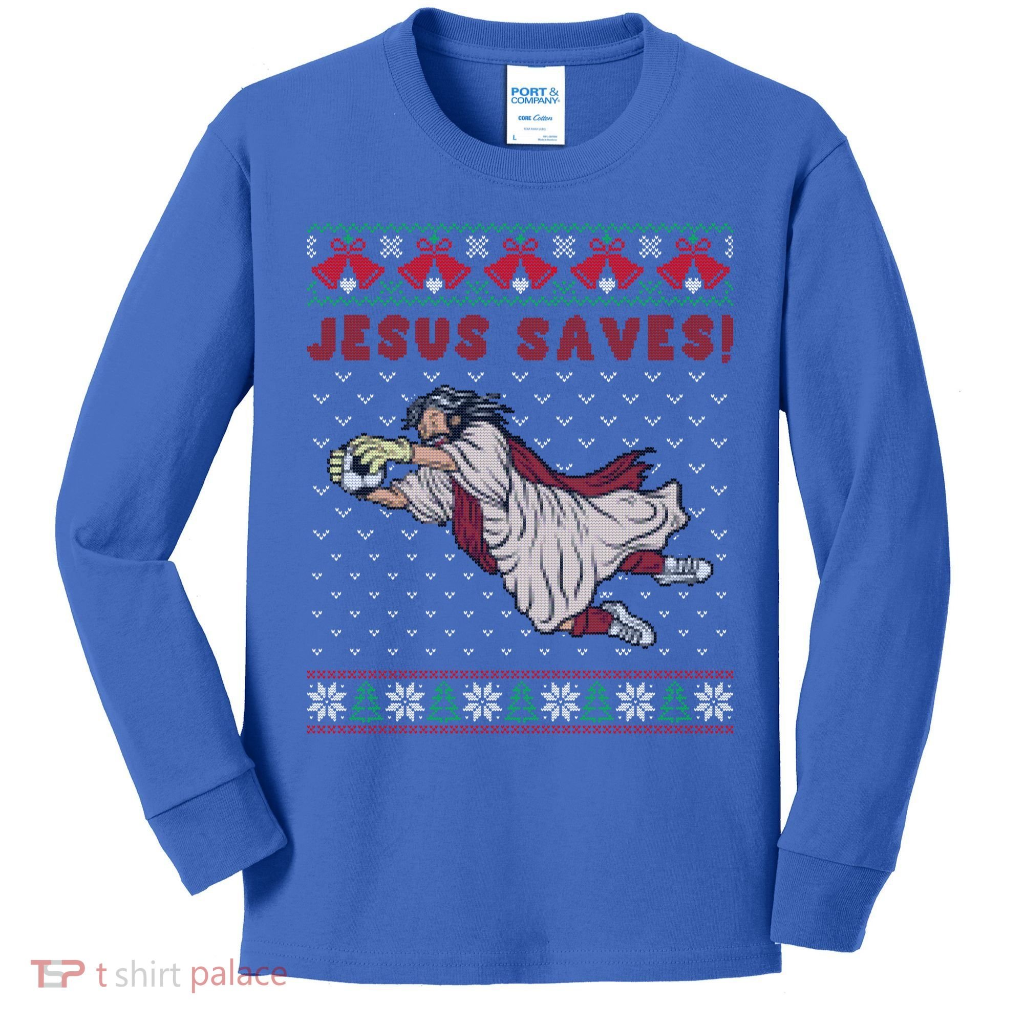 Jesus Saves Soccer Goal Keeper Ugly Christmas Sweater Gift Kids Long Sleeve Shirt
