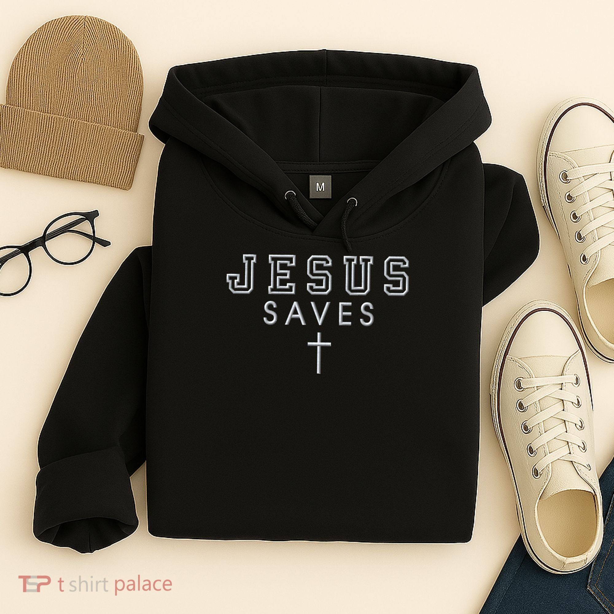 Jesus Saves Simple Cross Logo Christian Faith Hope Love Embroidered Hoodie