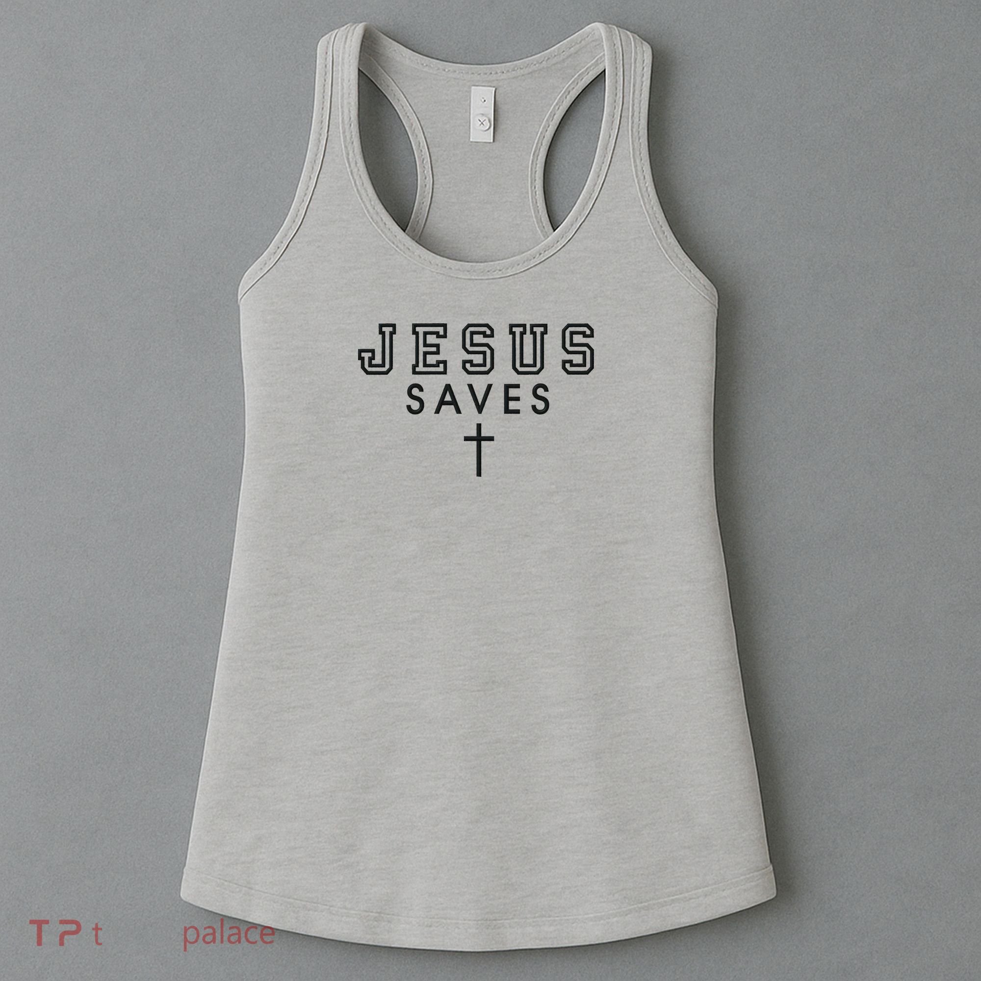 Jesus Saves Simple Cross Black Stitched Logo Christian Faith Hope Love Embroidered Women's Tank Top