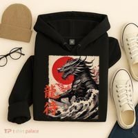Japan Samurai Warrior Dragon Great Wave Ukiyo-e Art Kanji Hoodie thumb 4
