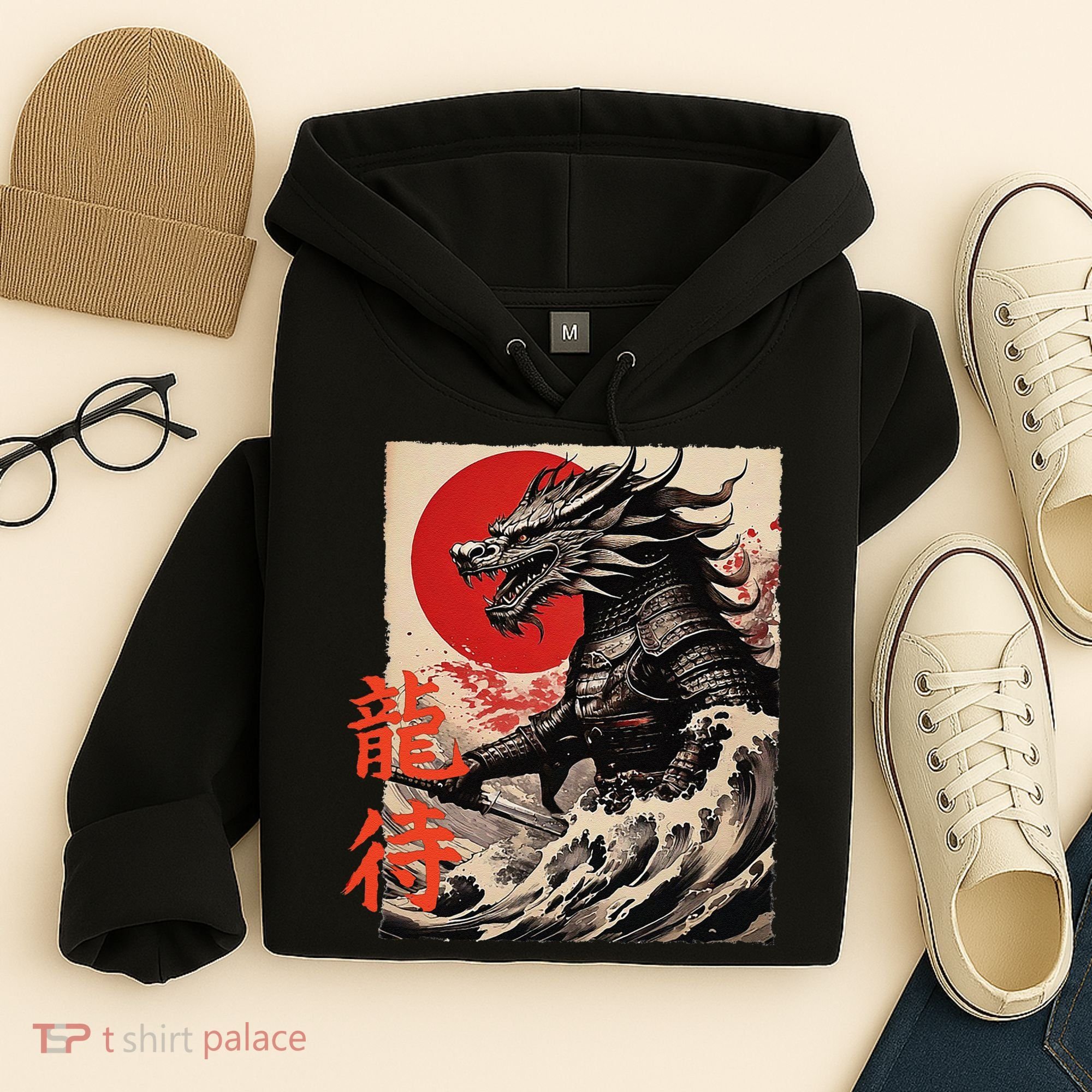 Japan Samurai Warrior Dragon Great Wave Ukiyo-e Art Kanji Hoodie