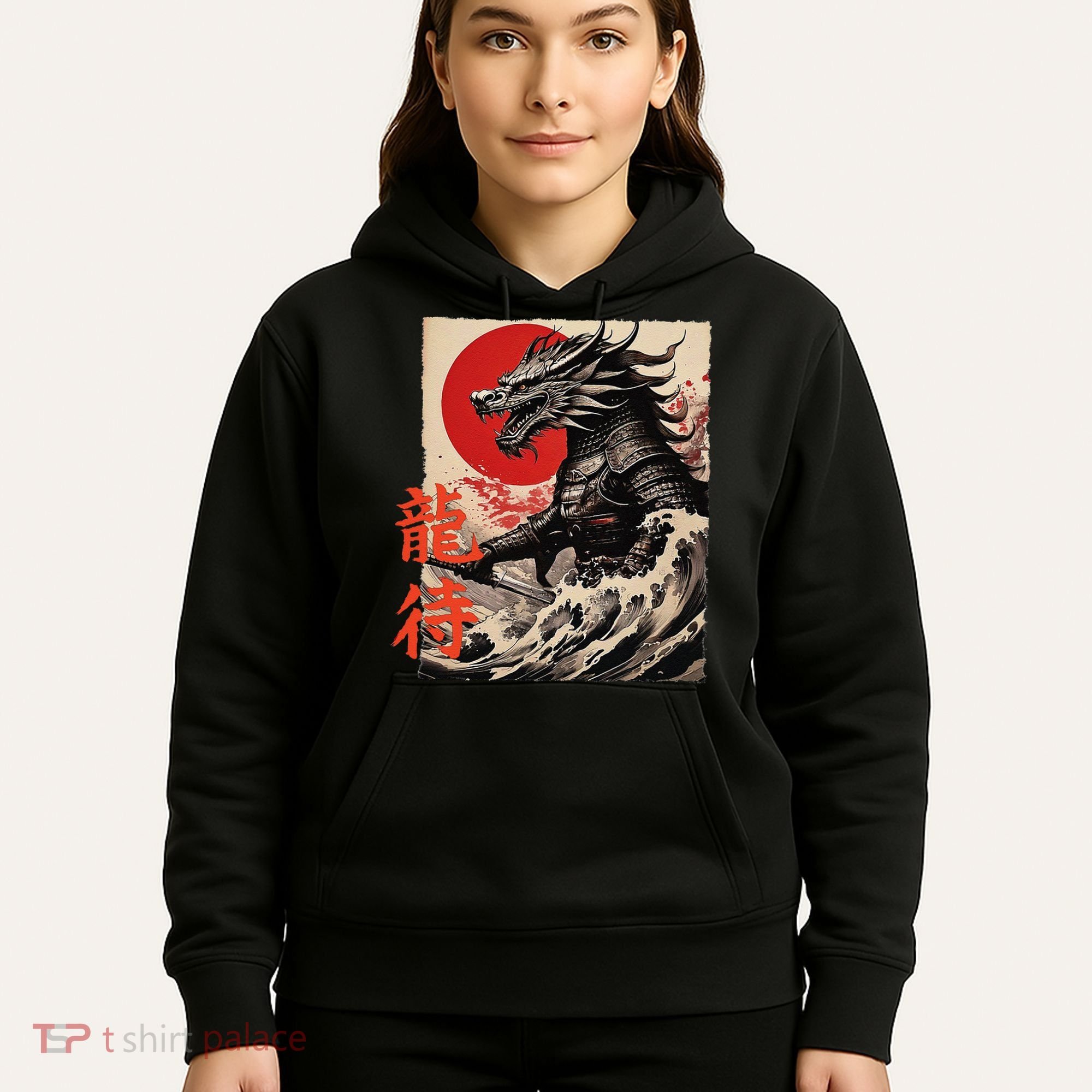 Japan Samurai Warrior Dragon Great Wave Ukiyo-e Art Kanji Hoodie
