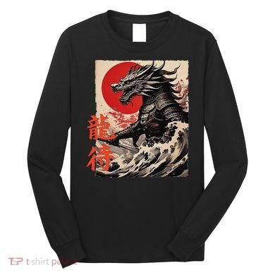Japan Samurai Warrior Dragon Great Wave Ukiyo-e Art Kanji Long Sleeve Shirt