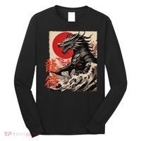 Japan Samurai Warrior Dragon Great Wave Ukiyo-e Art Kanji Long Sleeve Shirt thumb 0