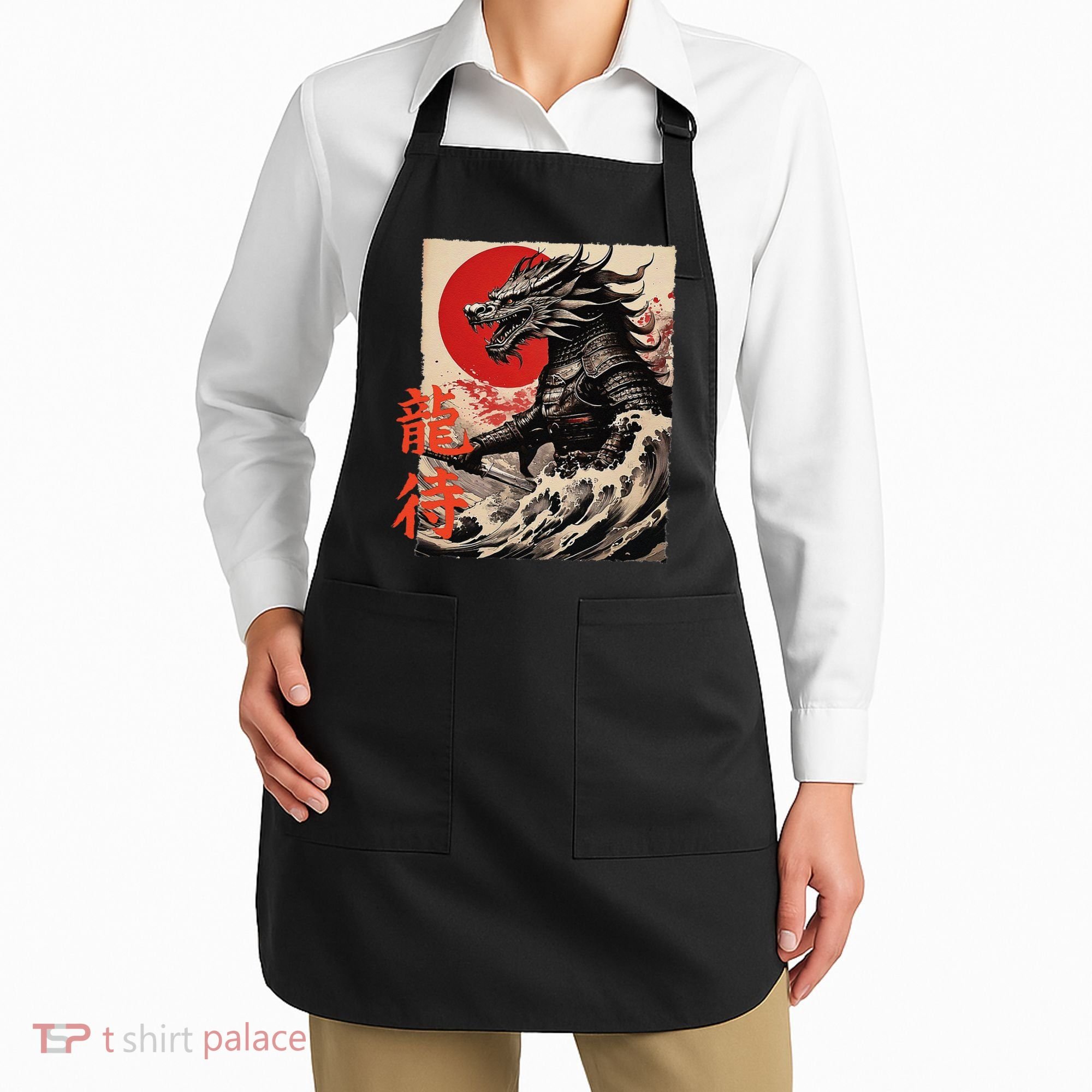 Japan Samurai Warrior Dragon Great Wave Ukiyo-e Art Kanji Apron