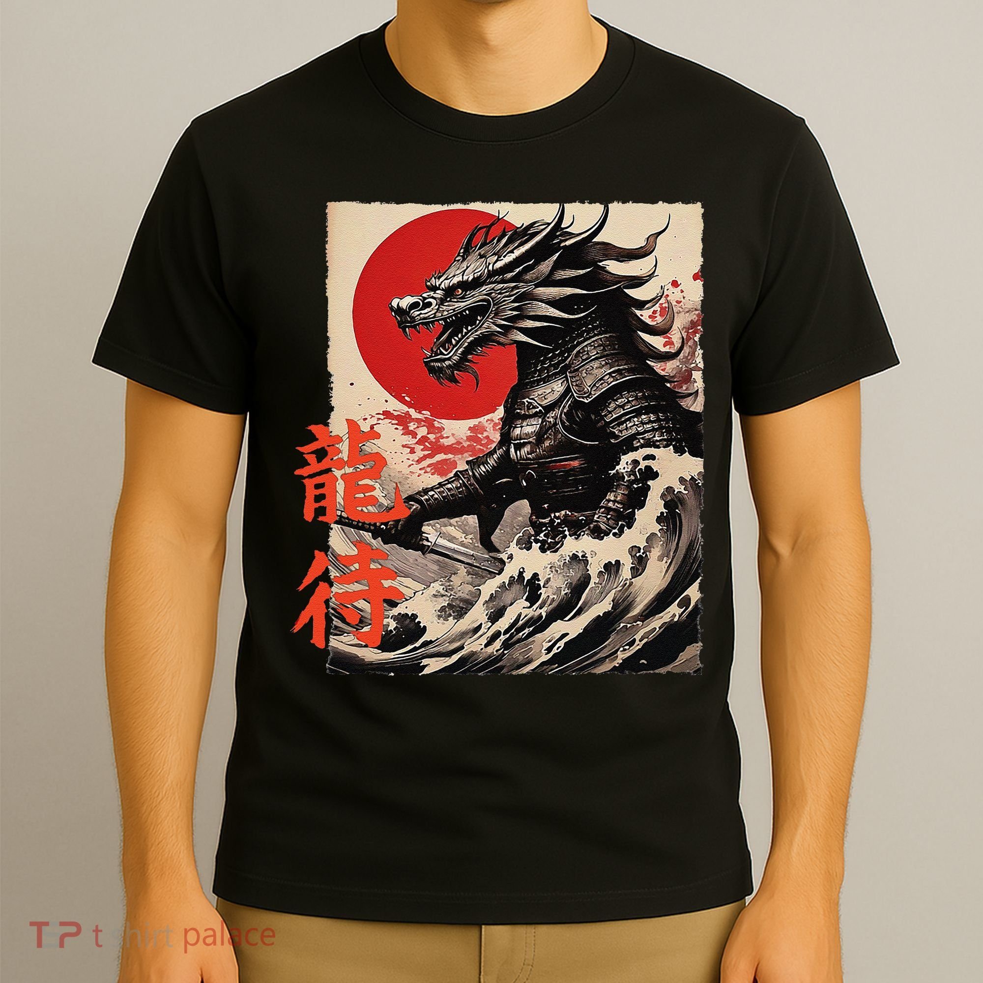 Japan Samurai Warrior Dragon Great Wave Ukiyo-e Art Kanji T-Shirt