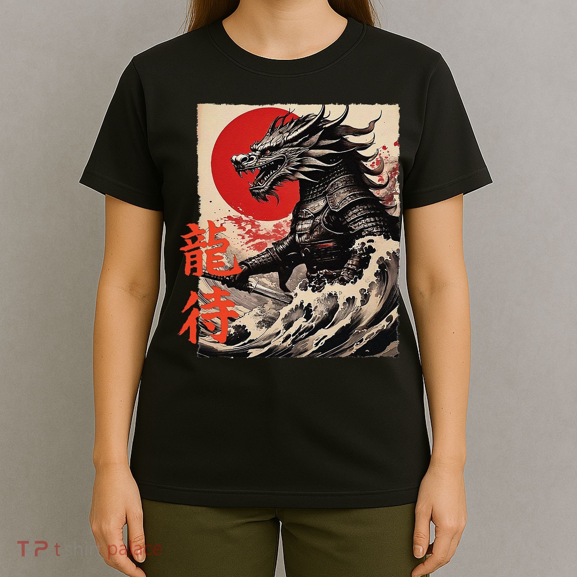 Japan Samurai Warrior Dragon Great Wave Ukiyo-e Art Kanji T-Shirt