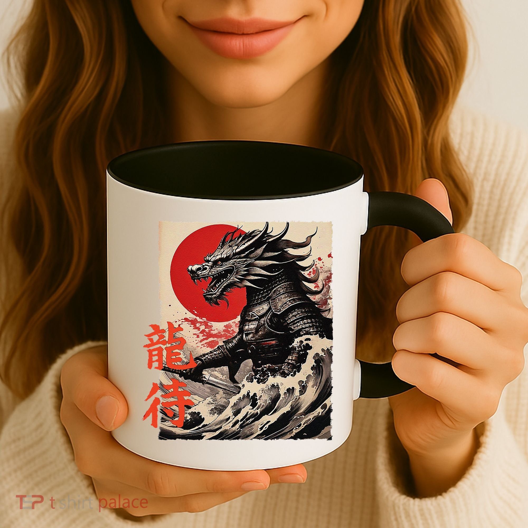 Japan Samurai Warrior Dragon Great Wave Ukiyo-e Art Kanji Coffee Mug