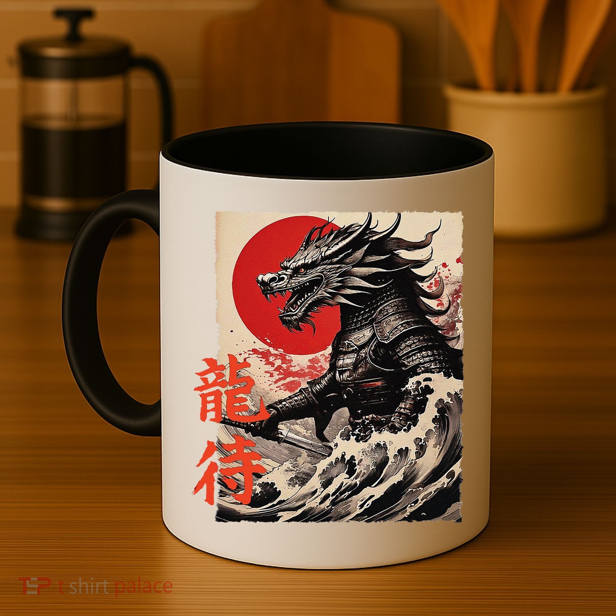 Japan Samurai Warrior Dragon Great Wave Ukiyo-e Art Kanji Coffee Mug
