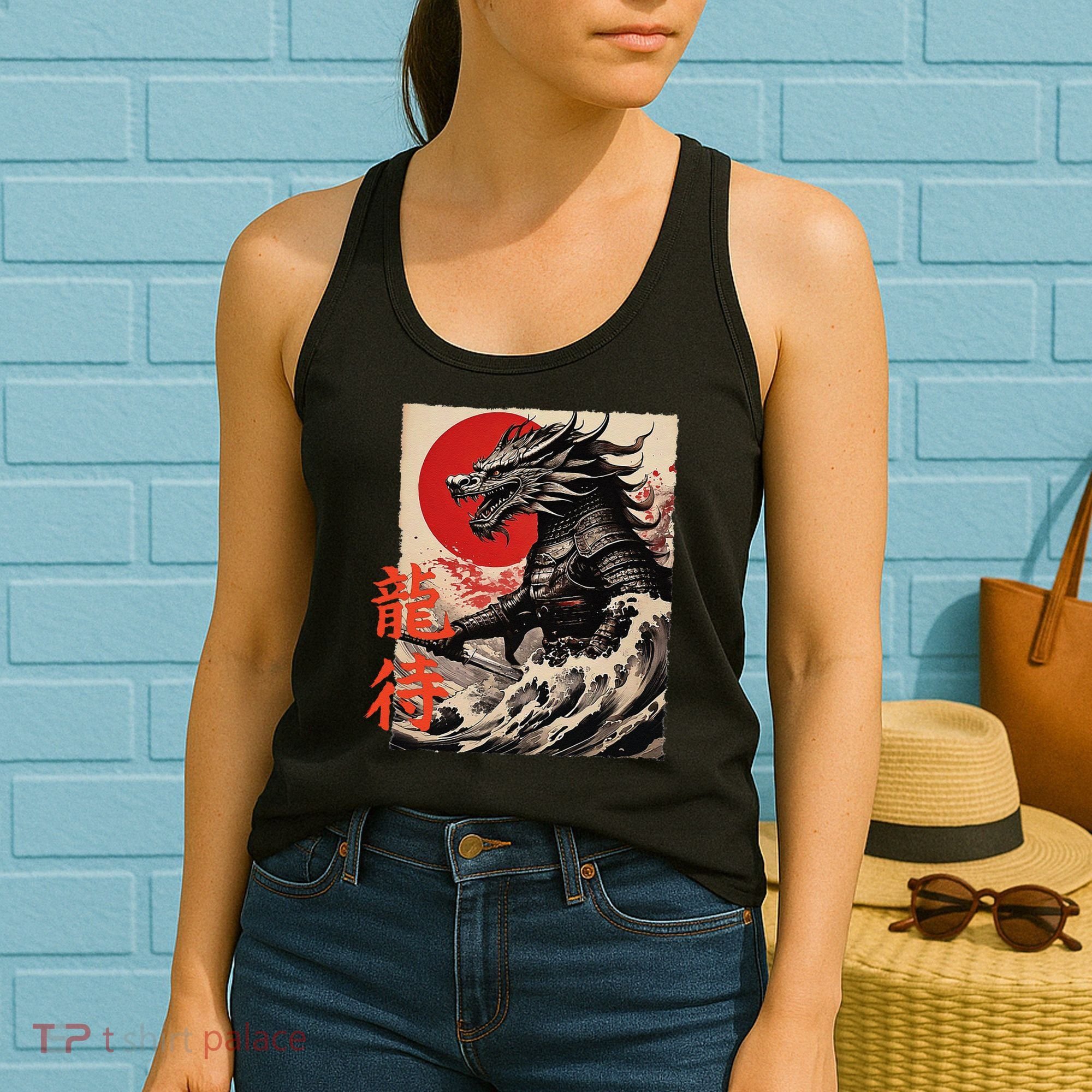 Japan Samurai Warrior Dragon Great Wave Ukiyo-e Art Kanji Women's Tank Top