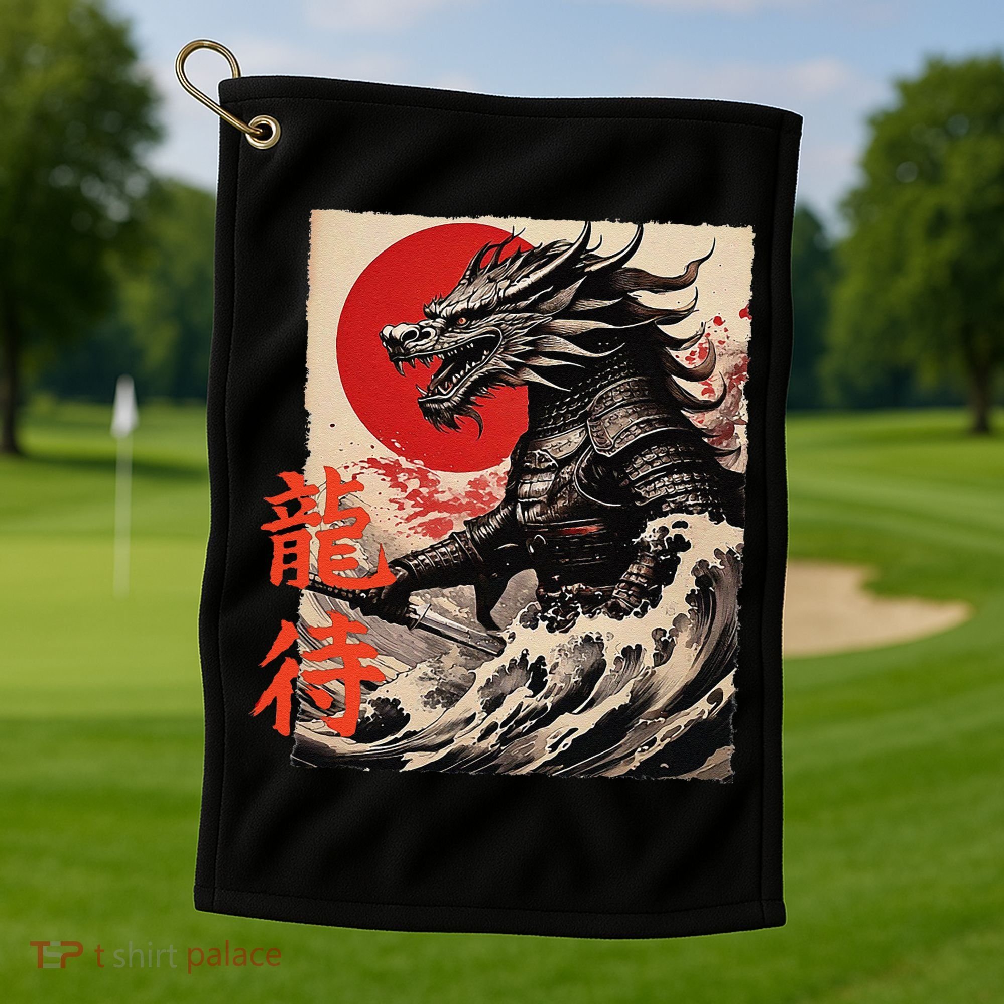 Japan Samurai Warrior Dragon Great Wave Ukiyo-e Art Kanji Golf Towel