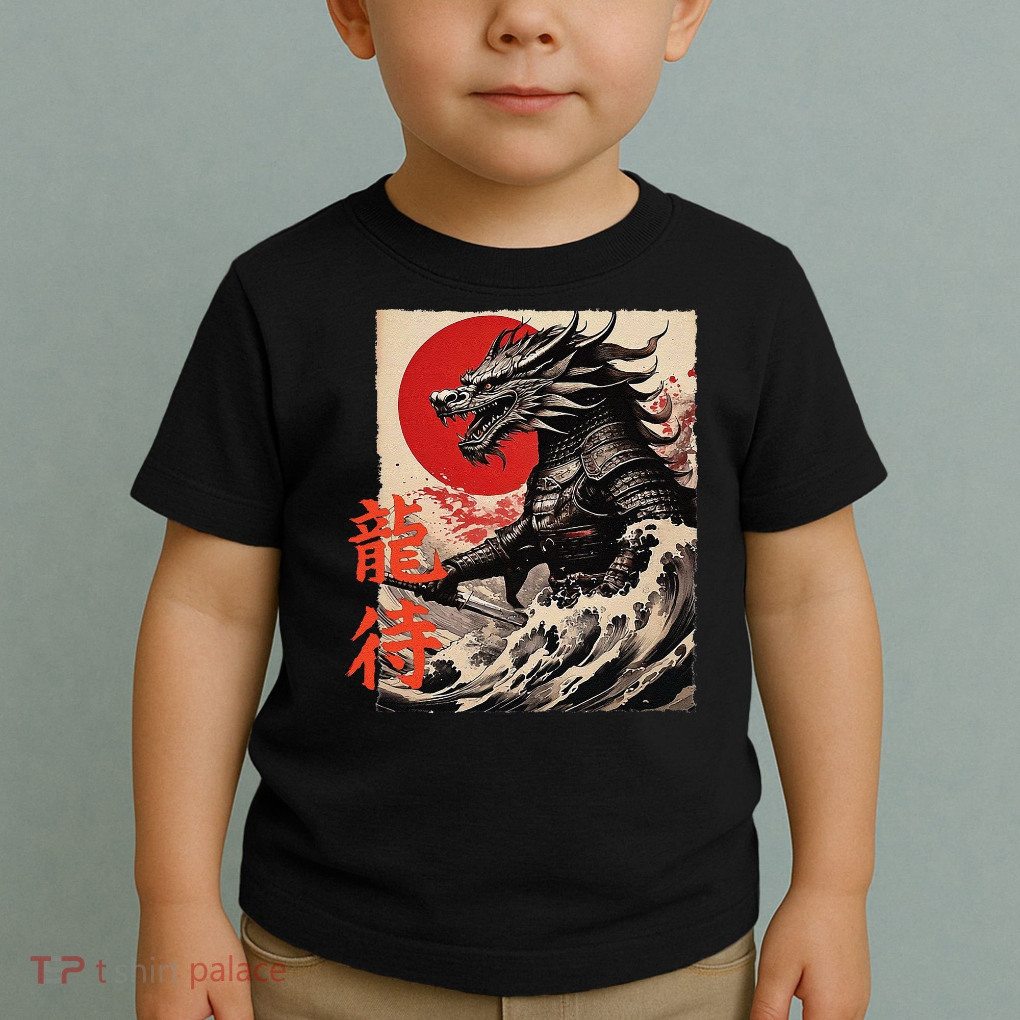 Japan Samurai Warrior Dragon Great Wave Ukiyo-e Art Kanji Toddler T-Shirt