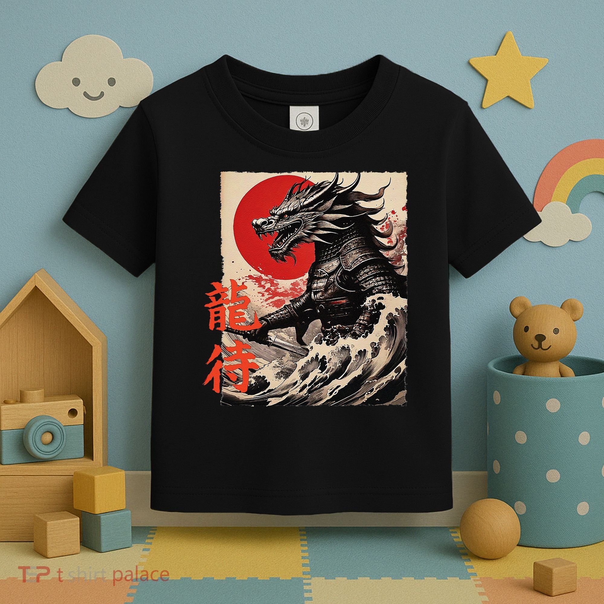 Japan Samurai Warrior Dragon Great Wave Ukiyo-e Art Kanji Toddler T-Shirt