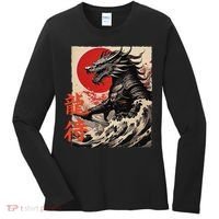 Japan Samurai Warrior Dragon Great Wave Ukiyo-e Art Kanji Women's Long Sleeve Shirt thumb 0