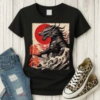 Japan Samurai Warrior Dragon Great Wave Ukiyo-e Art Kanji Women's T-Shirt thumb 3