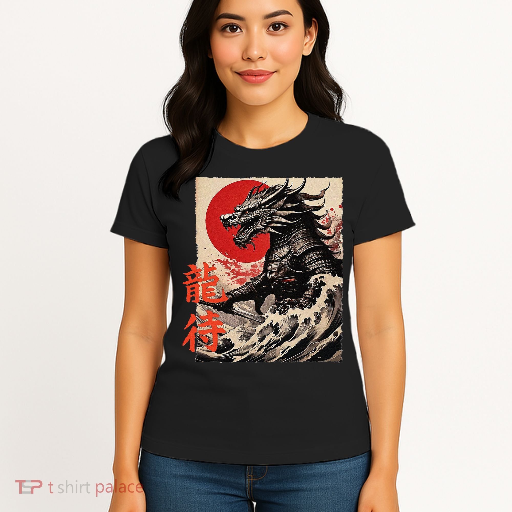 Japan Samurai Warrior Dragon Great Wave Ukiyo-e Art Kanji Women's T-Shirt