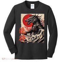 Japan Samurai Warrior Dragon Great Wave Ukiyo-e Art Kanji Kids Long Sleeve Shirt thumb 0