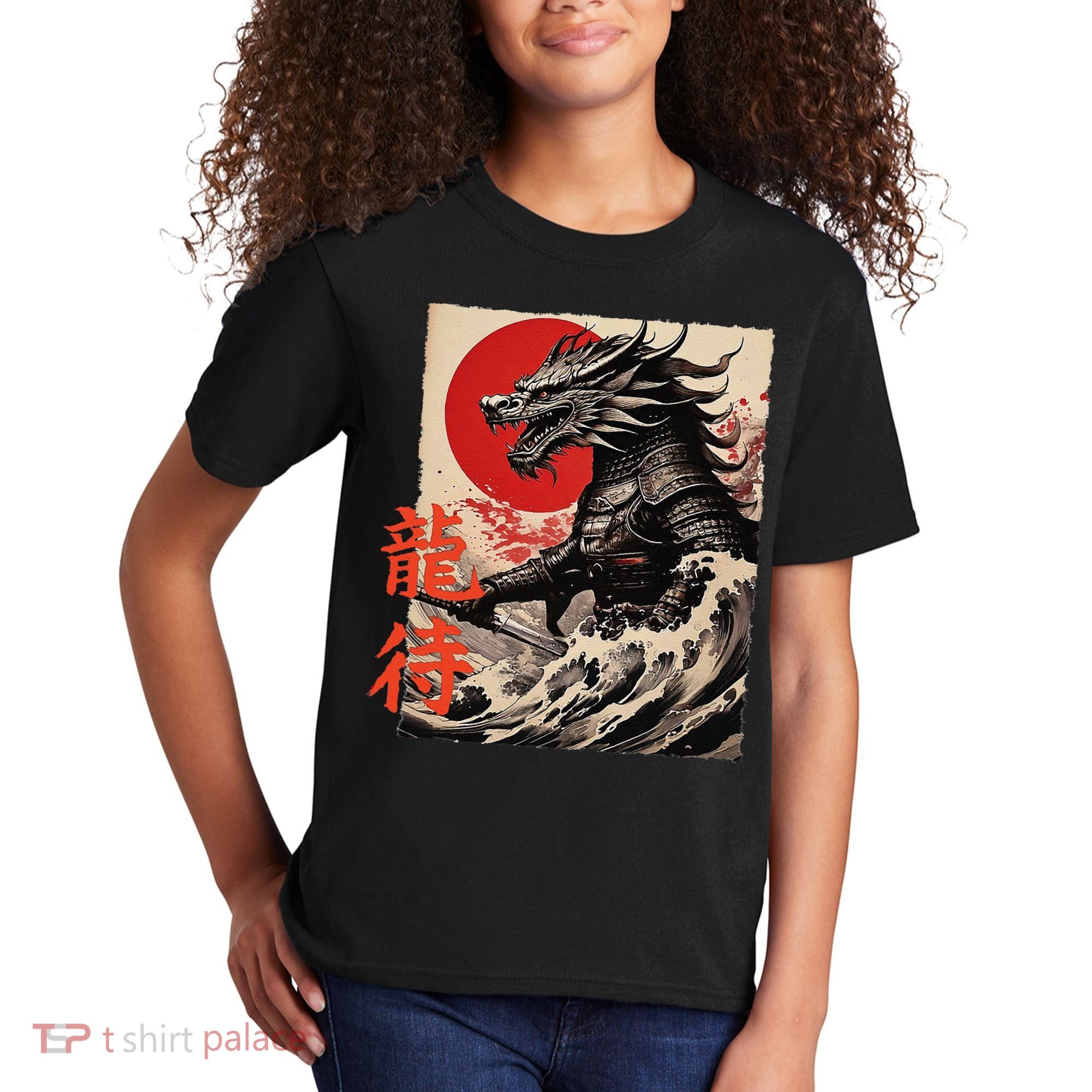 Japan Samurai Warrior Dragon Great Wave Ukiyo-e Art Kanji Kids T-Shirt