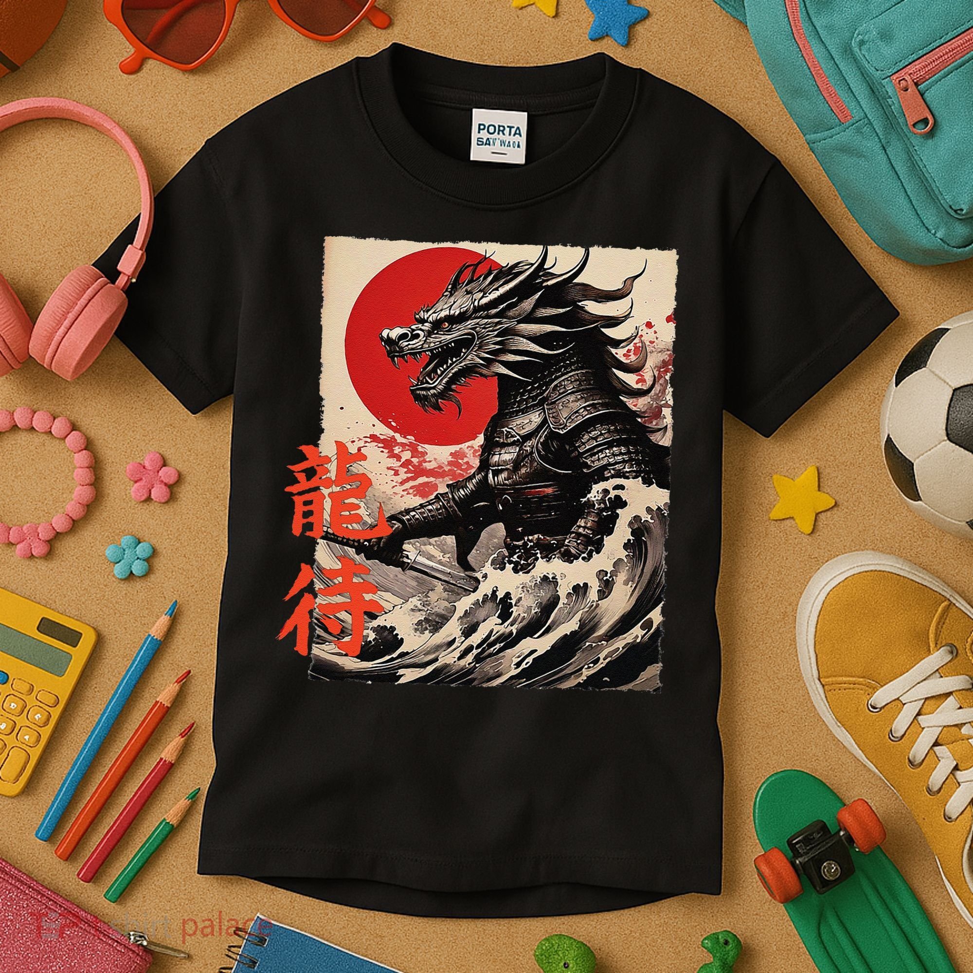 Japan Samurai Warrior Dragon Great Wave Ukiyo-e Art Kanji Kids T-Shirt
