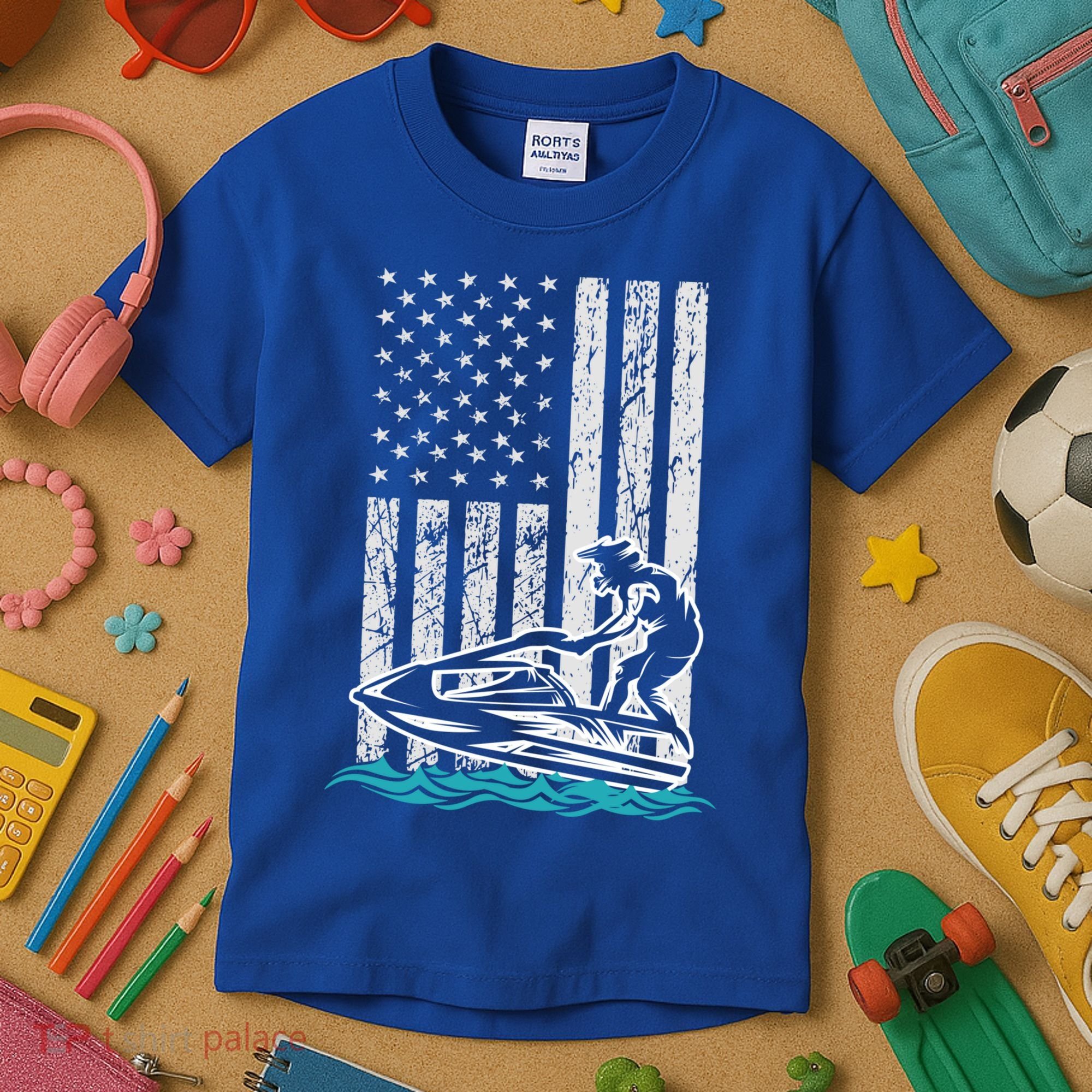 Jet Skiing Water Ski Athletic Usa American Flag Gift Kids T-Shirt
