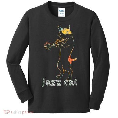 Jazz Trumpet Playing Kitty Cat Cool Jazz Cat Tee Kids Long Sleeve Shirt