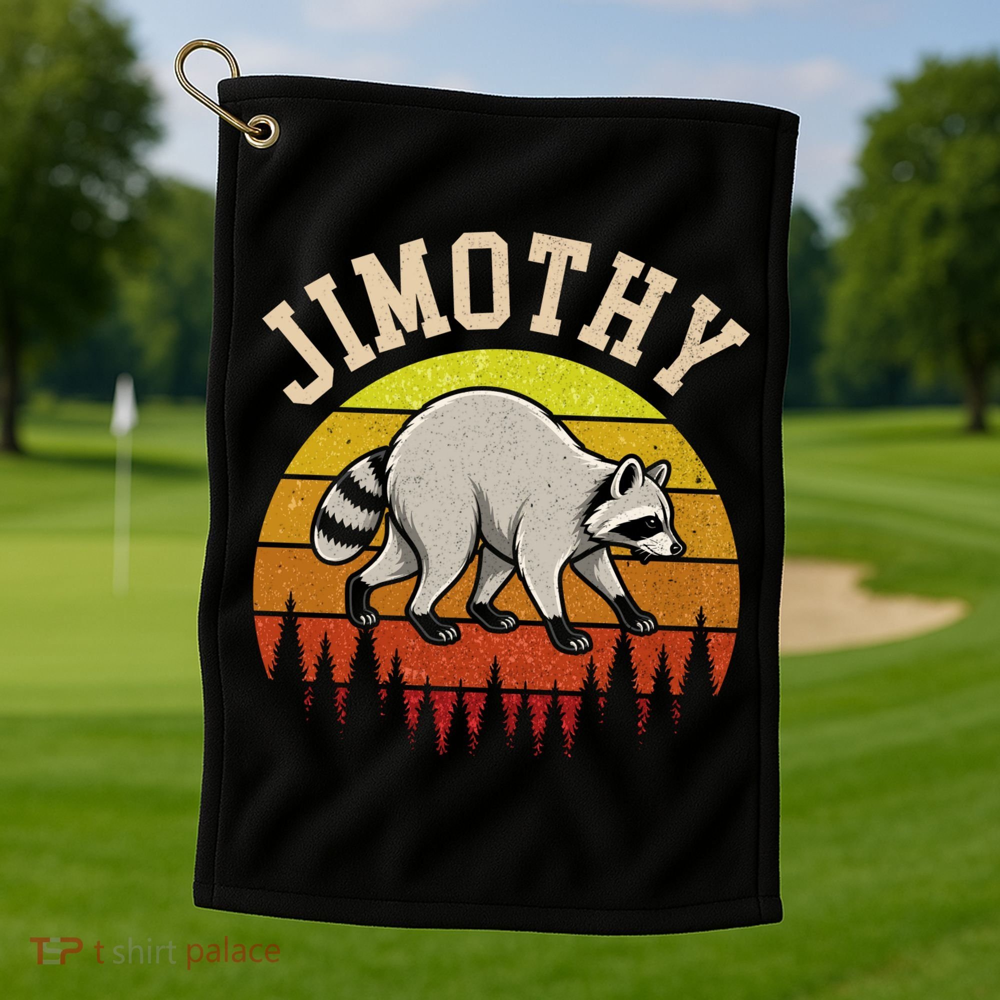 Jimothy The Raccoon Retro Sunset Golf Towel