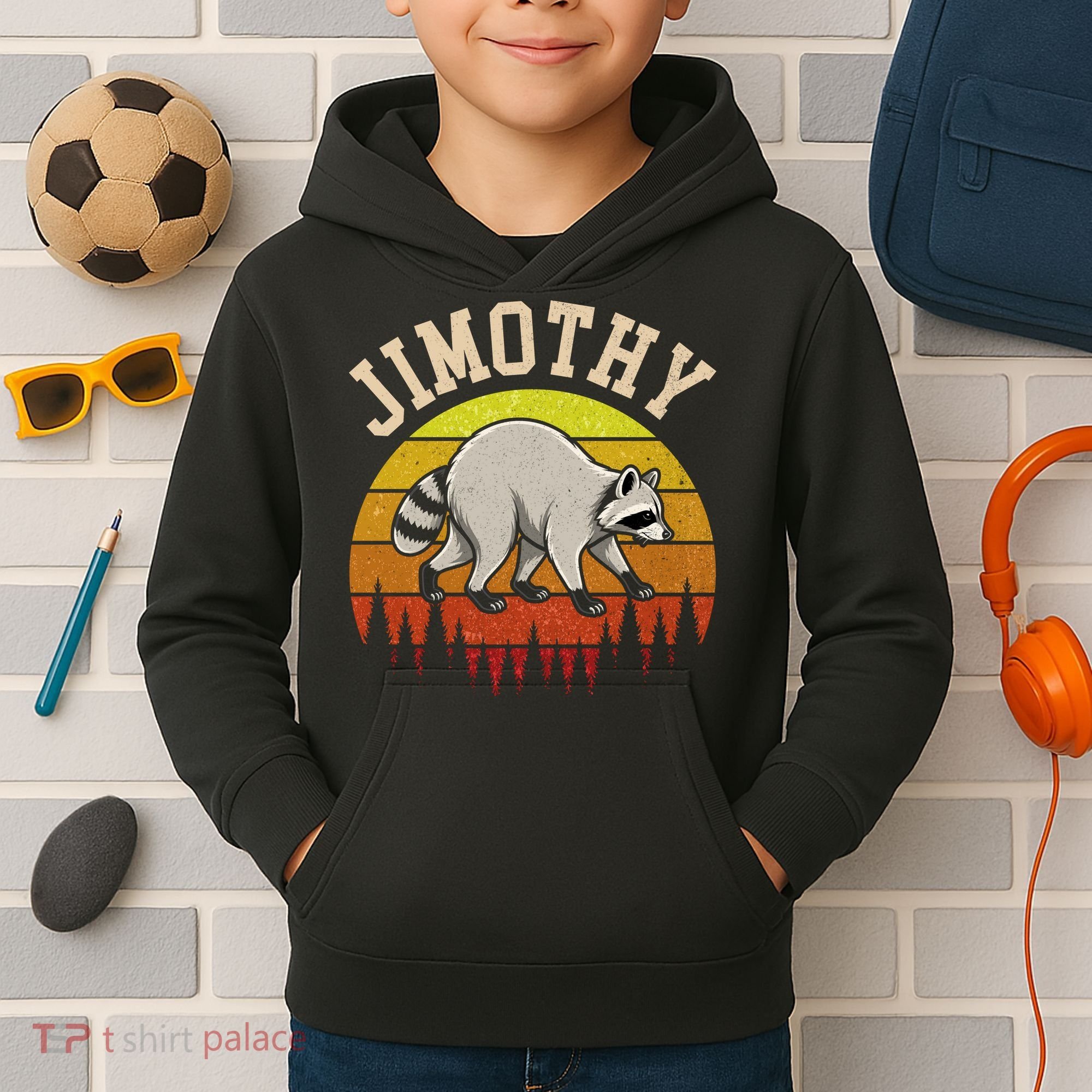 Jimothy The Raccoon Retro Sunset Kids Hoodie