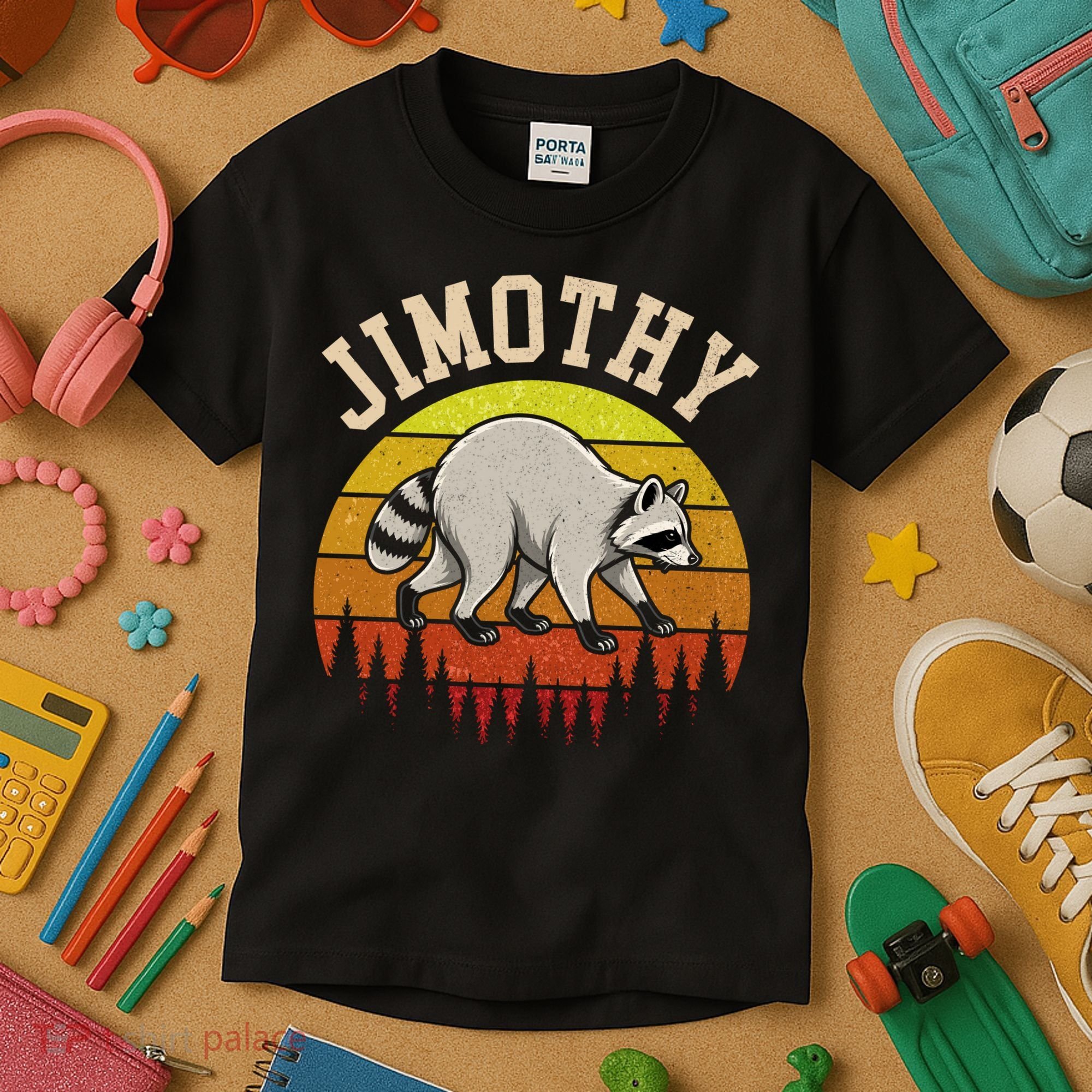 Jimothy The Raccoon Retro Sunset Kids T-Shirt