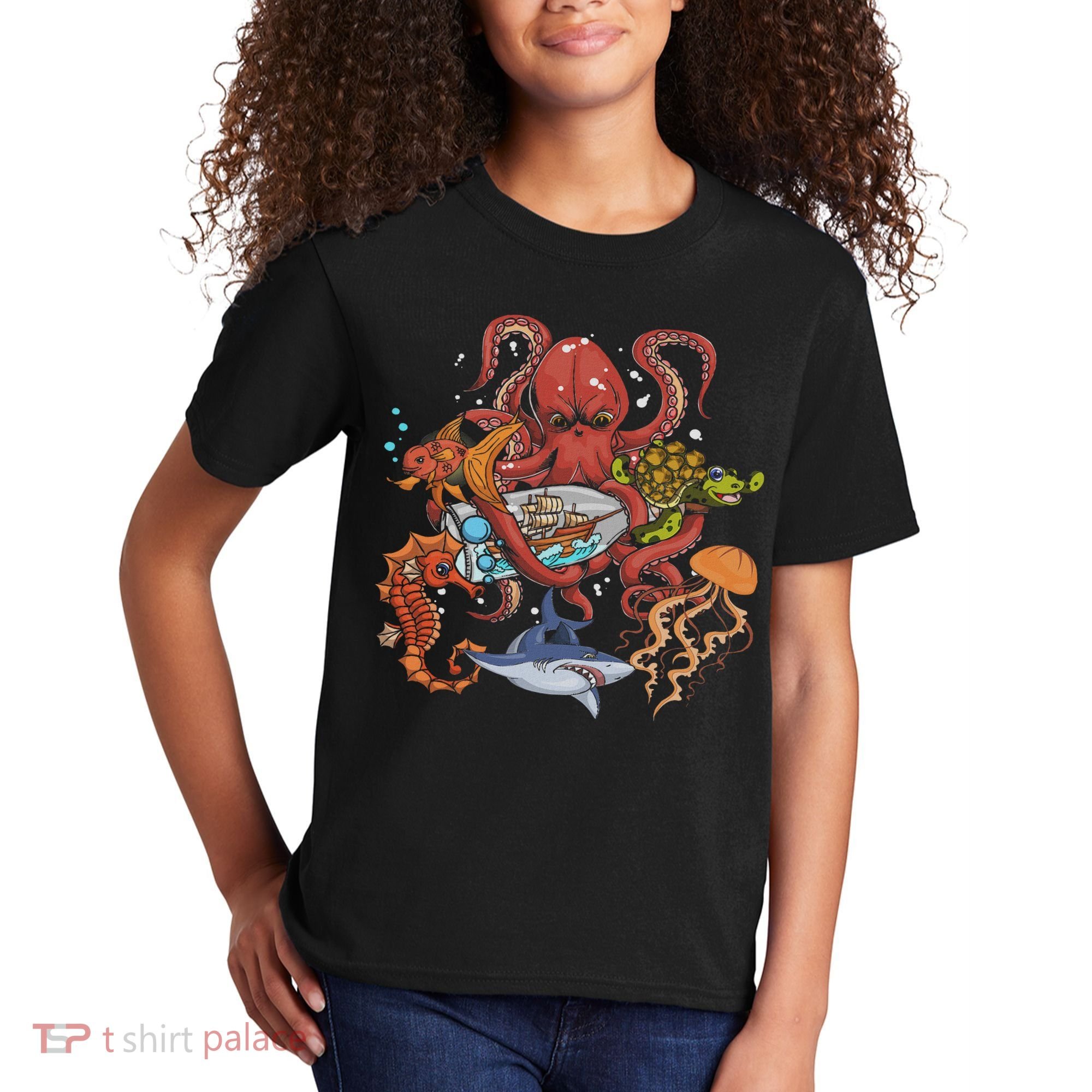 Jellyfish Turtle Seahorse Shark Octopus Ocean Animal Kids T-Shirt