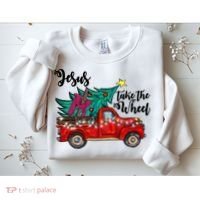 Jesus Take The Wheel Red Truck Christmas Tree Christian Xmas Gift Sweatshirt thumb 2