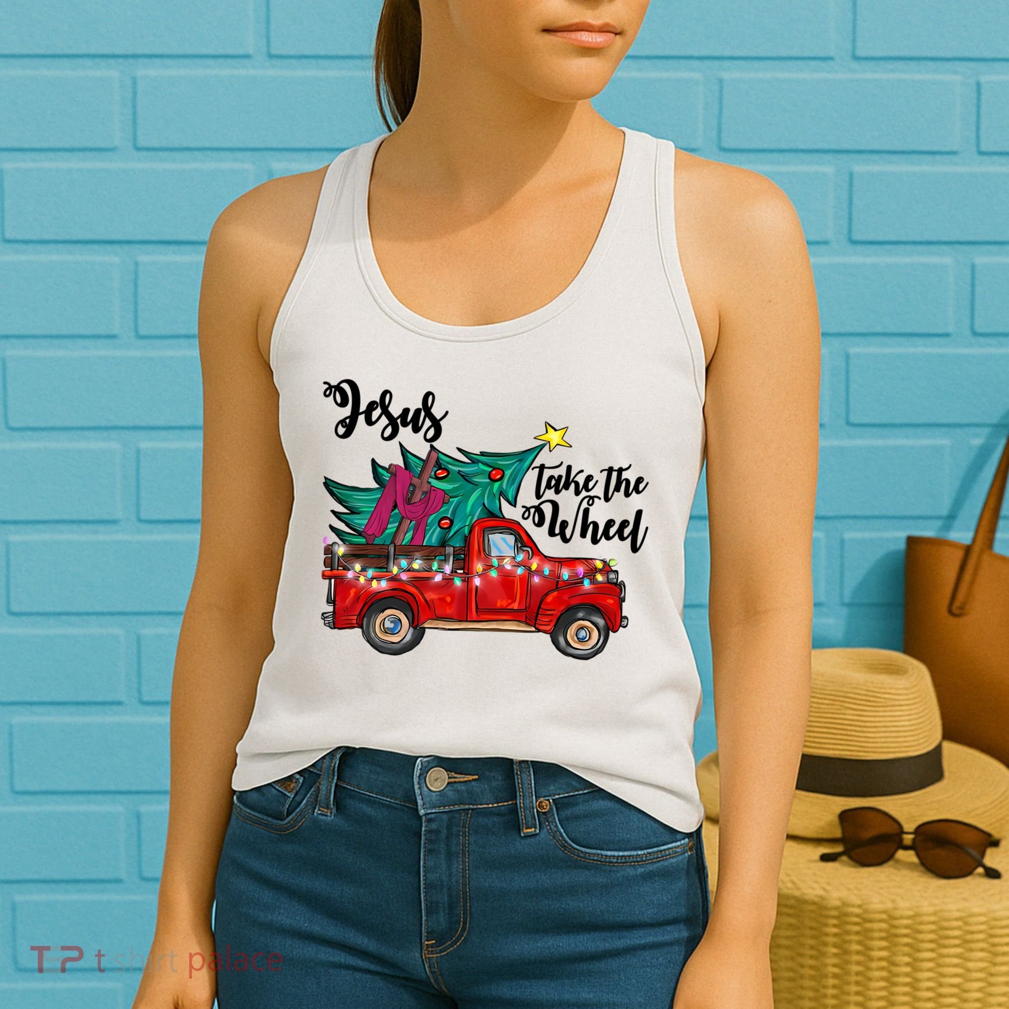 Jesus Take The Wheel Red Truck Christmas Tree Christian Xmas Gift Women's Tank Top