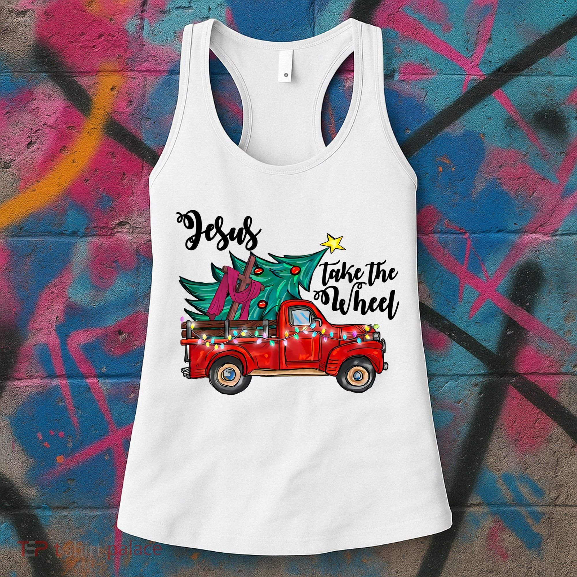 Jesus Take The Wheel Red Truck Christmas Tree Christian Xmas Gift Women's Tank Top